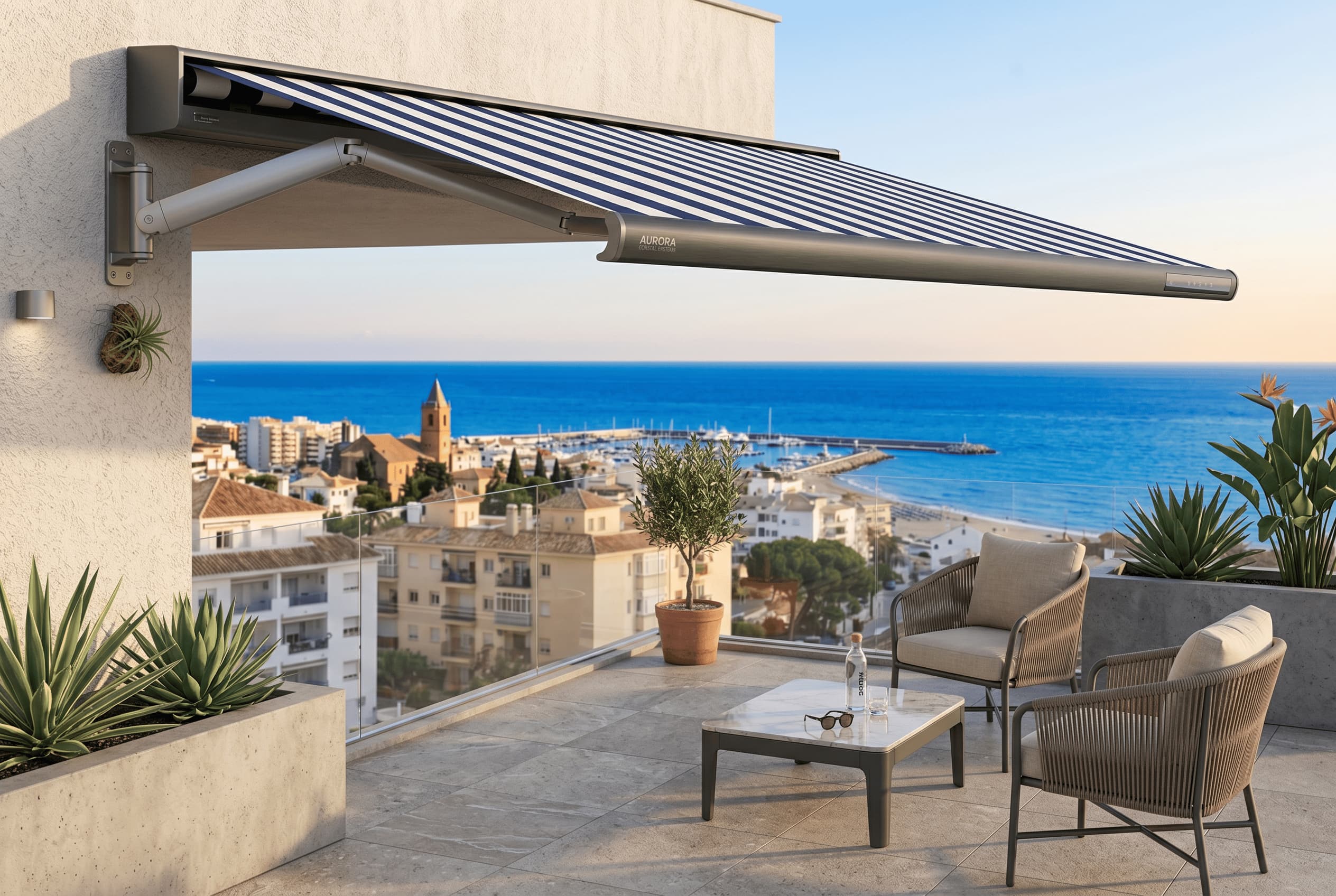 Instalación toldo extensible en terraza de apartamento frente al mar, Fuengirola